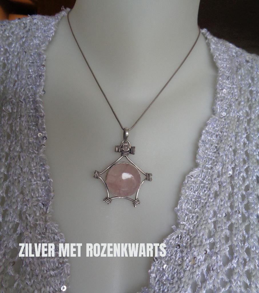 zilveren ketting met grote zilveren hanger rozenkwarts [265], Verzenden, Zo goed als nieuw, Met edelsteen, Zilver
