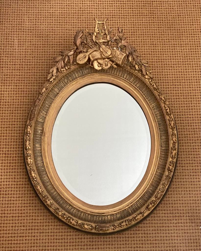 Goudkleurige antieke ovale spiegel, Ophalen, Ovaal, 50 tot 100 cm, 100 tot 150 cm