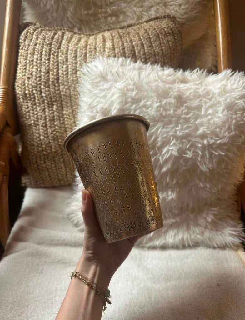 Vintage gouden bloempot met met mozaïekpatroon, Rond, Ophalen of Verzenden, Zo goed als nieuw, Aardewerk