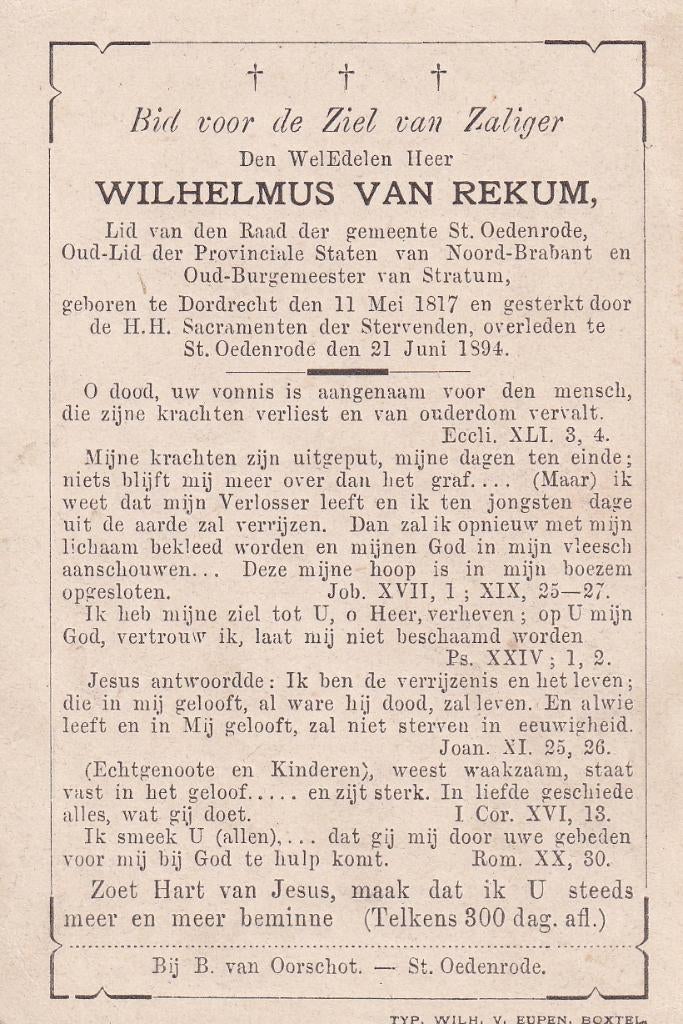 Rekum Wilhelmus 1817 Dordrecht 1894 St Oedenrode Burgemeeste, Verzamelen, Bidprentjes en Rouwkaarten, Ophalen of Verzenden, Bidprentje