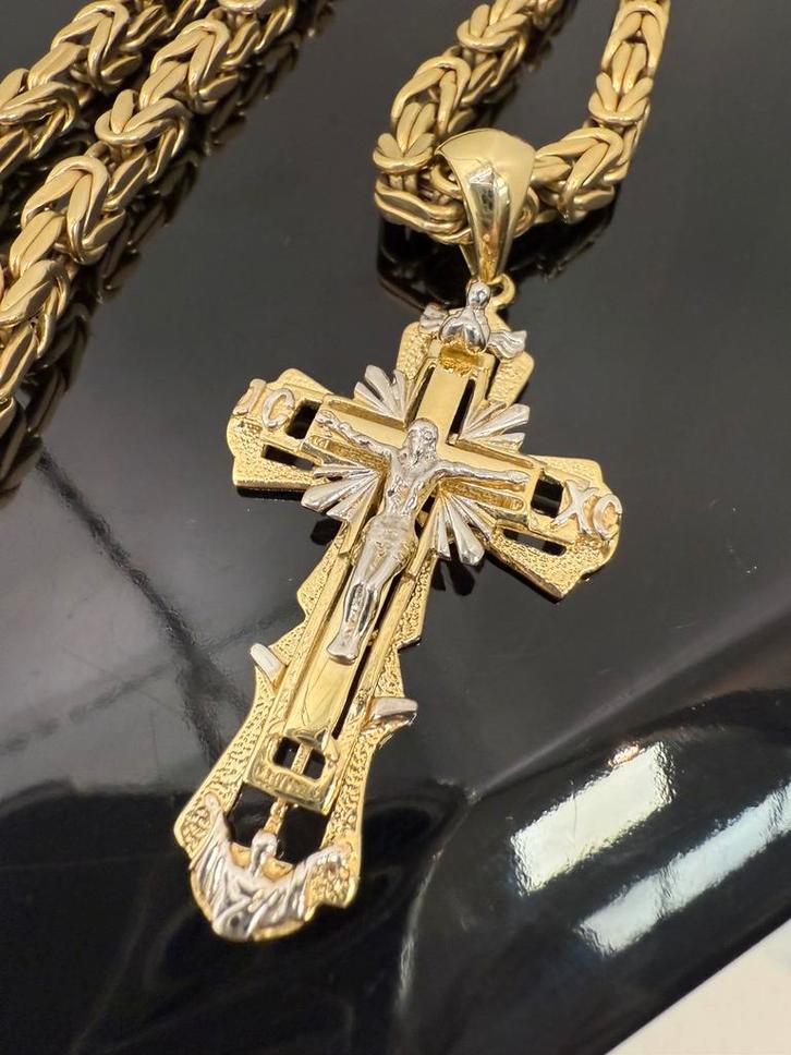 Prachtige 14 karaats koningsketting met kruis hanger, Sieraden, Tassen en Uiterlijk, Kettingen, Goud, Ophalen of Verzenden