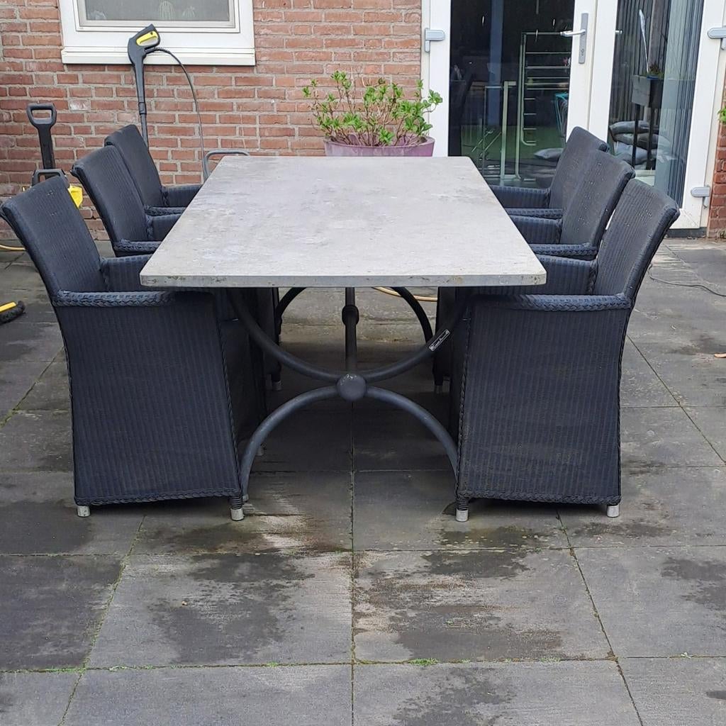 Robuuste tuintafel met stenen blad en metalen onderstel, Tuin en Terras, Tuintafels, Ophalen, Gebruikt, Rechthoekig, Metaal