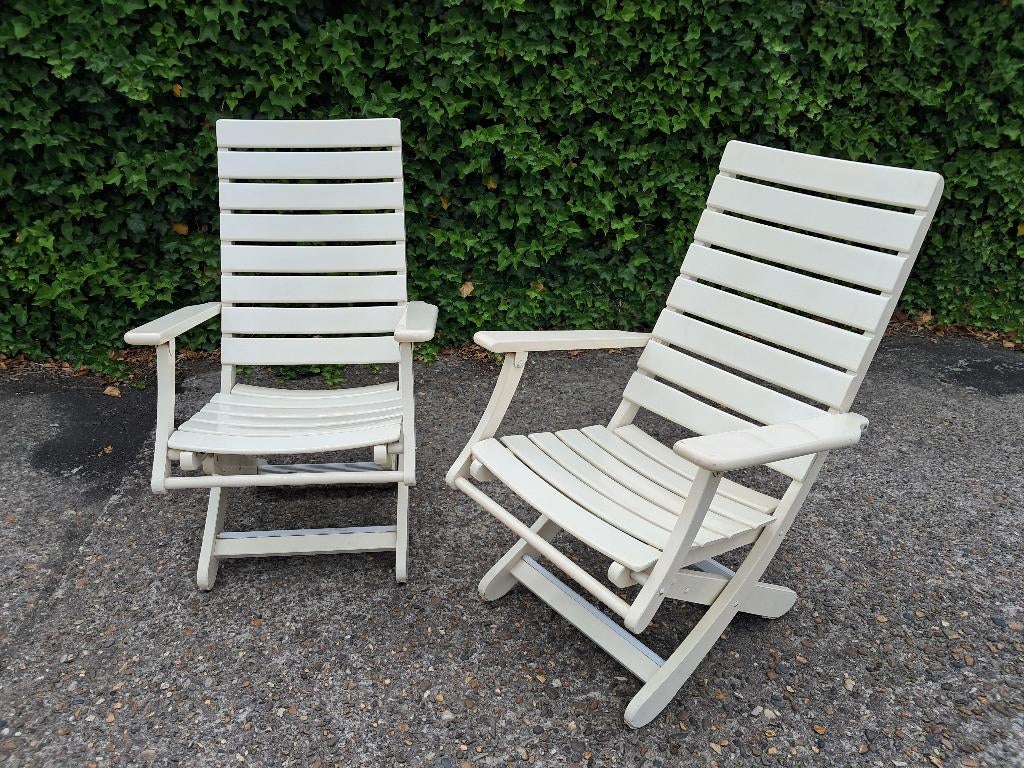 2 EMU beukenhouten antieke tuinstoelen/strandstoelen, Tuin en Terras, Tuinstoelen, Ophalen, Gebruikt, Hout, Verstelbaar