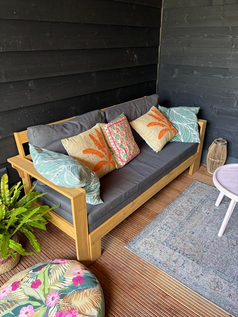 Uitschuifbare tuinbank met grijze kussens, Tuin en Terras, Tuinbanken, Ophalen, Gebruikt, Hout