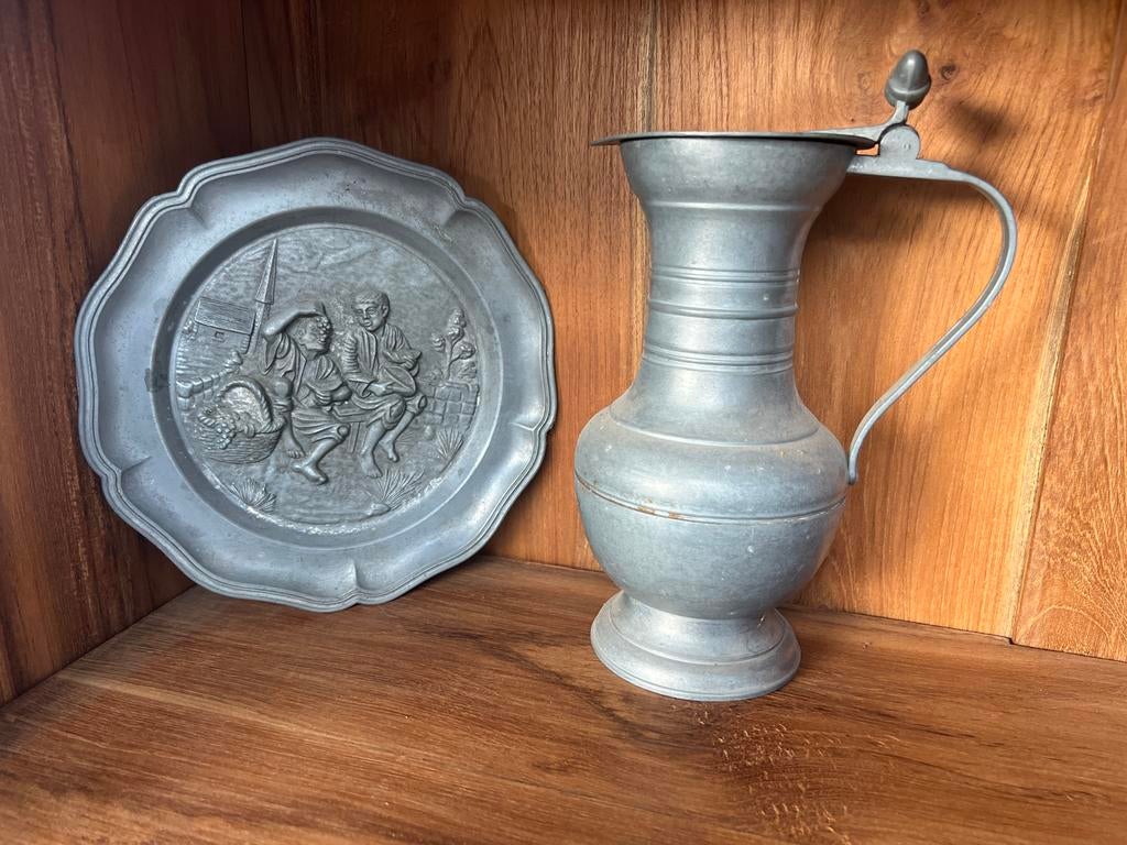 Antiek tinnen bord en kan - Decoratief set, Ophalen