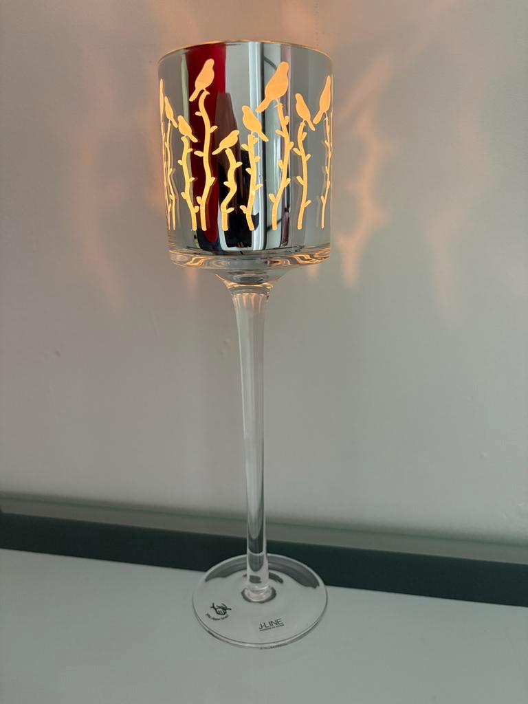 Waxinelichthouder op voet, zilverkleurig met groen, Ophalen, Overige materialen, 25 tot 50 cm, Zo goed als nieuw