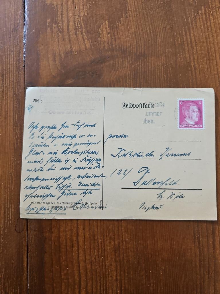 Feldpostkaart WOII met Hitler postzegel, Ophalen of Verzenden, Overige soorten, Duitsland, Overige typen