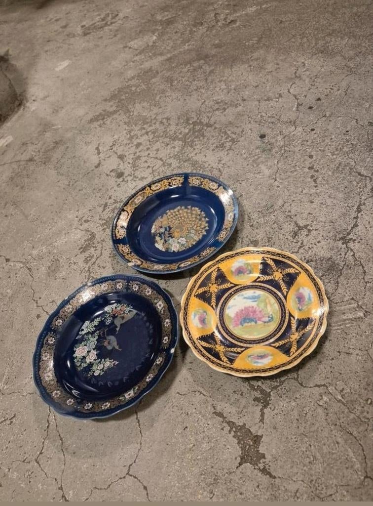3x Chinese poeseleinen borden met pauw decoratie, Ophalen of Verzenden