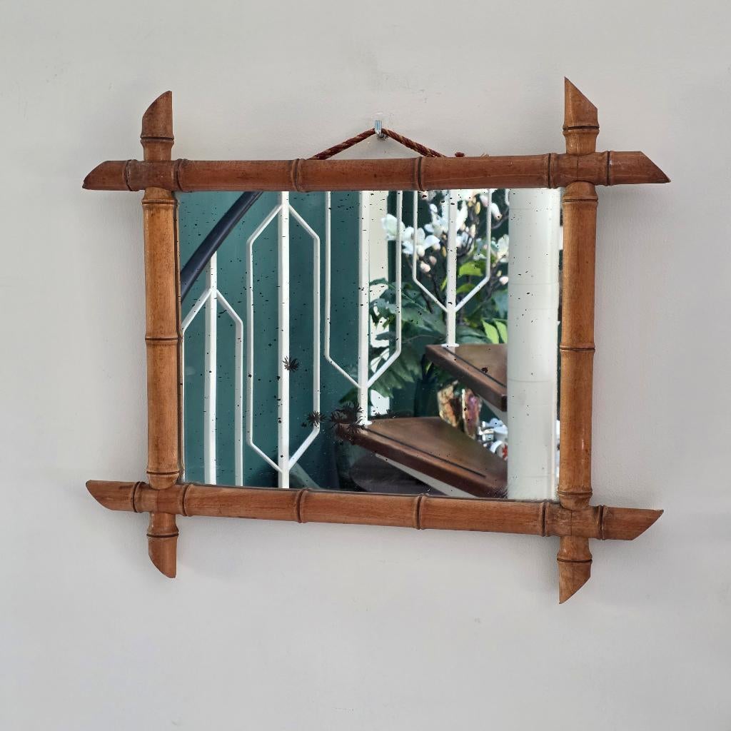 Vintage rechthoekige houten "faux bamboo" spiegel., Ophalen, Rechthoekig, 50 tot 100 cm, Minder dan 100 cm