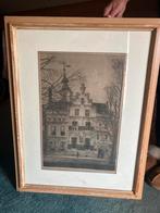 Oude ingelijste prent van  gemeente huis Huyteshuis te Delft, Antiek en Kunst, Ophalen