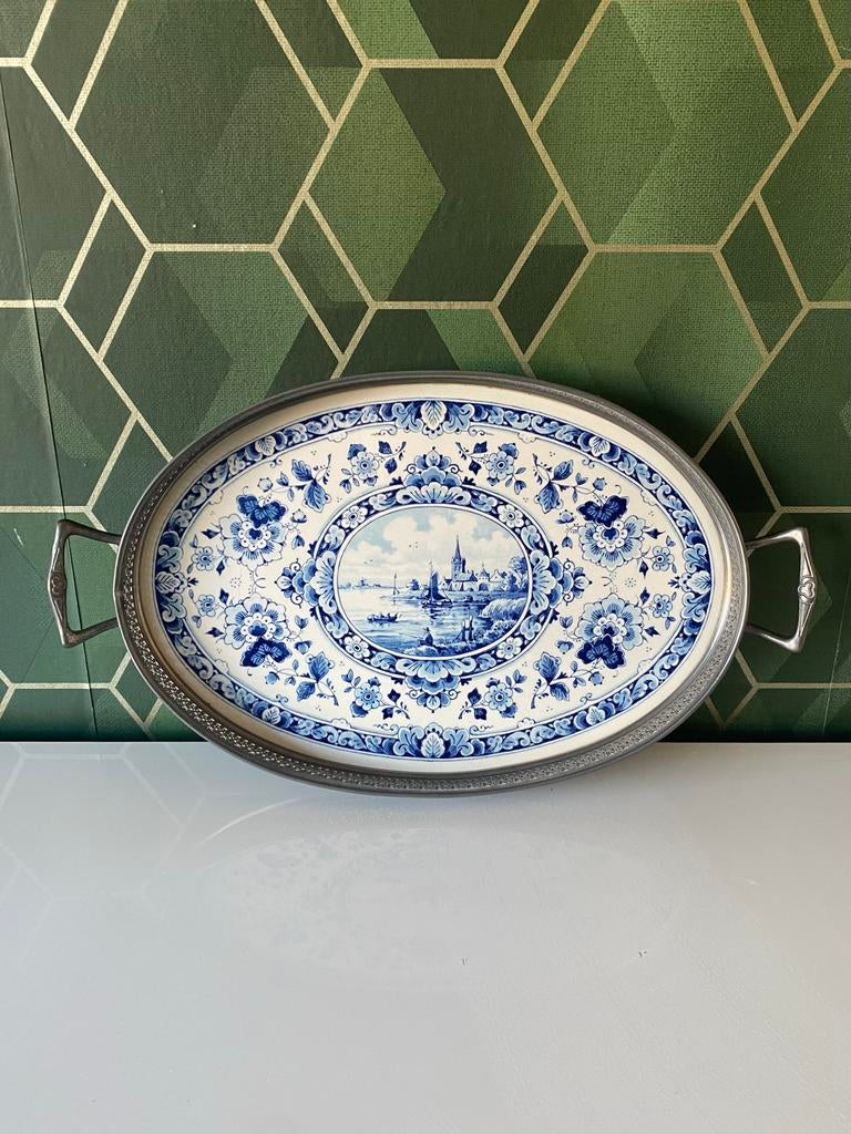 Vintage Aardewerk Dienblad met Tinnen Zijkanten - Puntgaaf, Ophalen