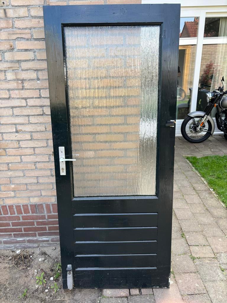 Zwart/groene Buitendeur met Glaspaneel - Gebruikt, Doe-het-zelf en Verbouw, Ophalen, Gebruikt, 80 tot 100 cm, Minder dan 200 cm