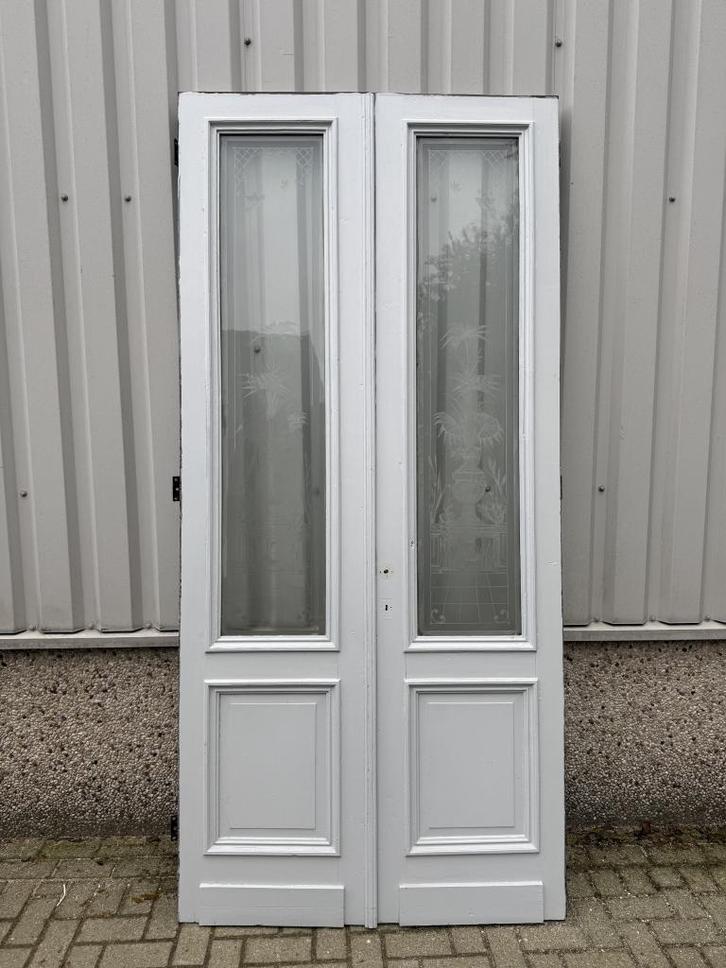 Prachtige antieke ensuitedeuren met geetst glas 61 x 265, Doe-het-zelf en Verbouw, Deuren en Horren, Zo goed als nieuw, Binnendeur