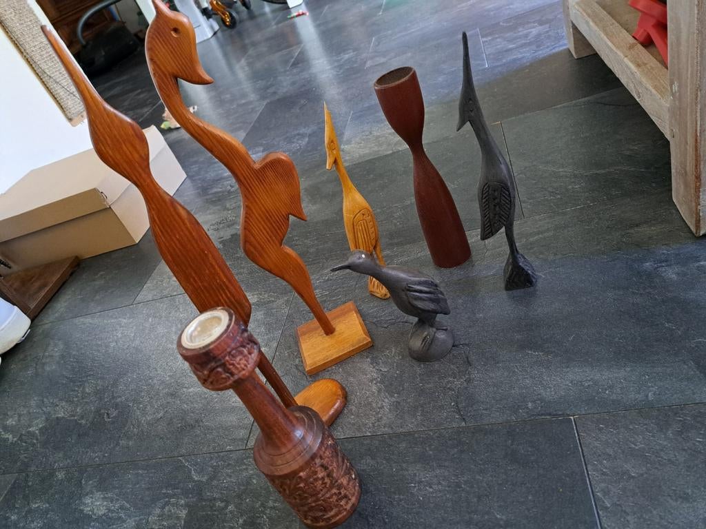 4 houten Deens design vogels 1 houten paardje 2x kandelaar, Ophalen of Verzenden, Gebruikt, Dier