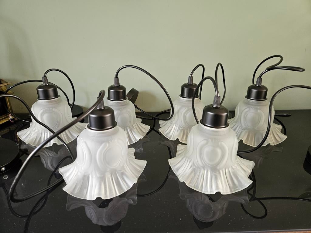 Set van 6 vintage glazen hanglampen, matglas, rokkapje, Ophalen of Verzenden, Glas, Minder dan 50 cm