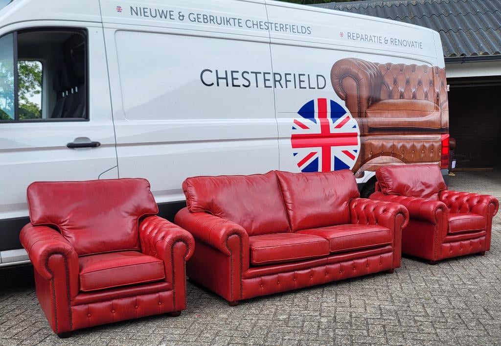 Chesterfield bankstel met fauteuils compleet, Chesterfield, Ophalen of Verzenden, Zo goed als nieuw, Vierpersoons of meer