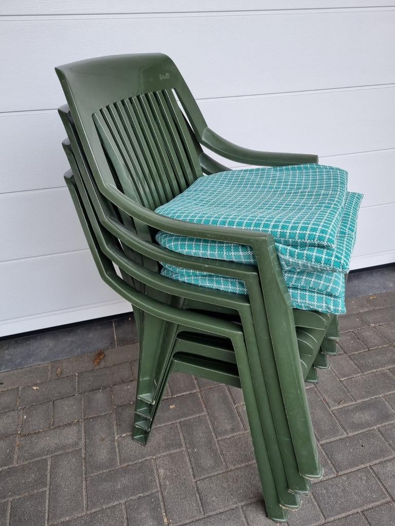 4x Hartman kunststof tuinstoelen, groen met kussens, Ophalen, Gebruikt, Kunststof, Stapelbaar