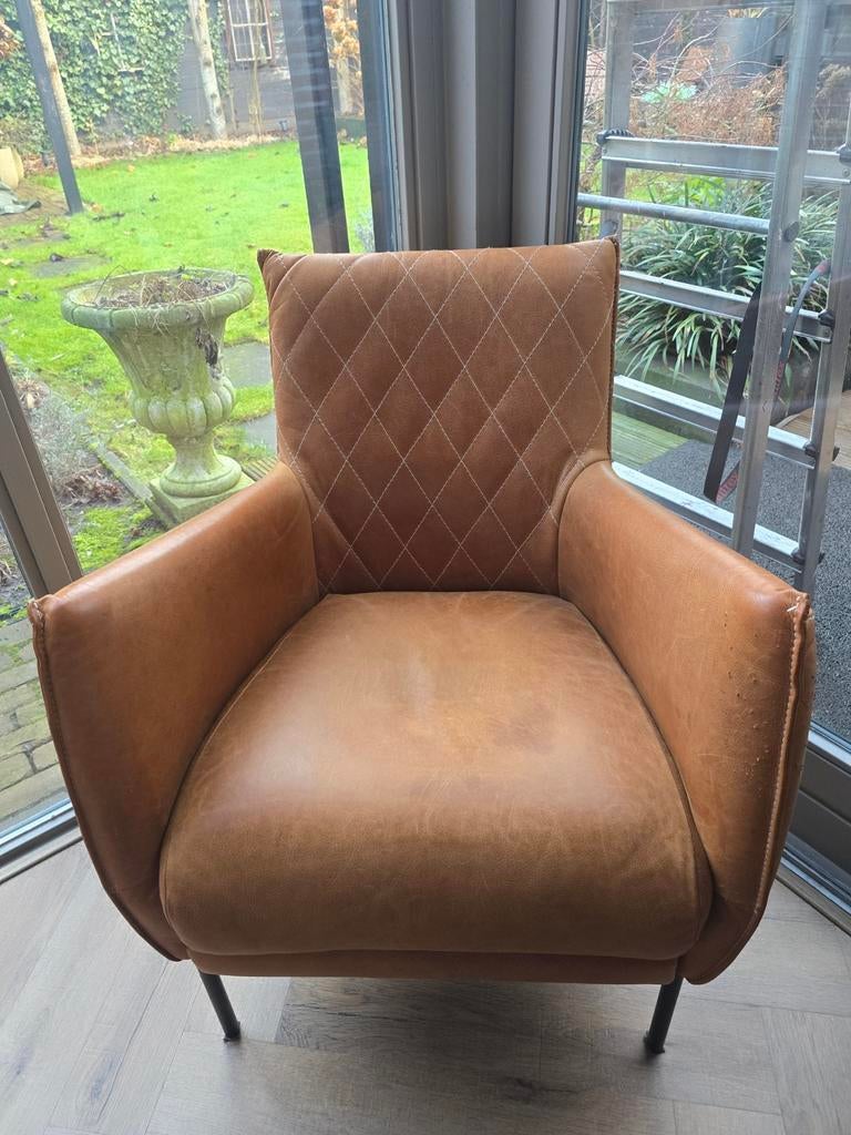 Lederen fauteuil - Cognac kleur - Zo goed als nieuw, Ophalen of Verzenden, Zo goed als nieuw, 75 tot 100 cm, 50 tot 75 cm