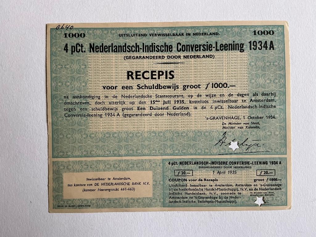 4% Nederlands-Indië 1934A, Recepis 1000 Gulden, Specimen, Postzegels en Munten, Aandelen en Waardepapieren, Ophalen of Verzenden