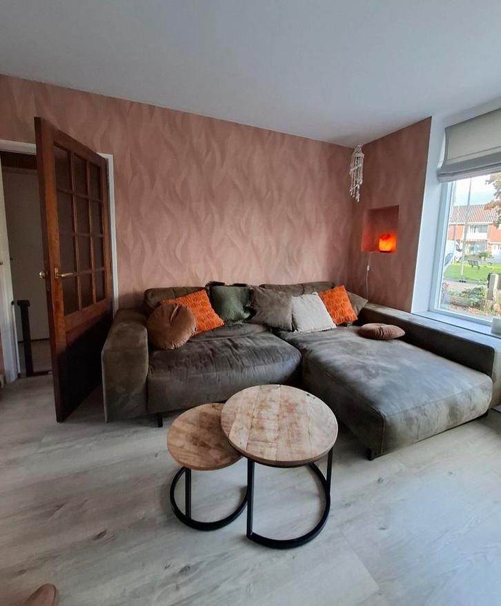 Donkergroene leermix bank Loods 5 - Zo goed als nieuw, Huis en Inrichting, Banken | Bankstellen, Zo goed als nieuw, Hoekbank, Vierpersoons of meer