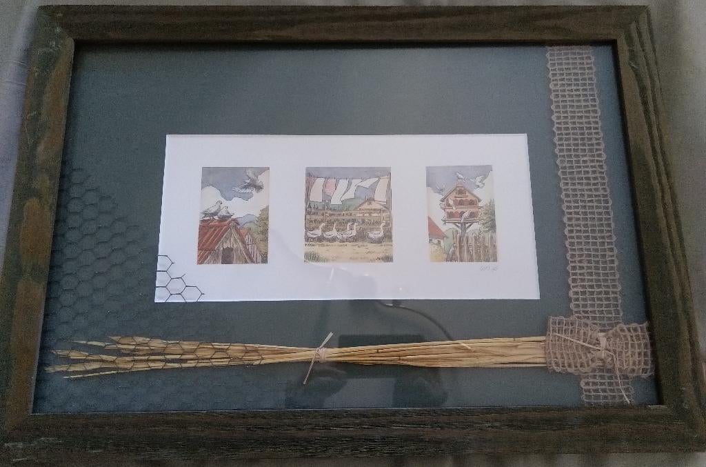 schilderij duiven ganzen, Ophalen of Verzenden, Schilderij, Minder dan 50 cm