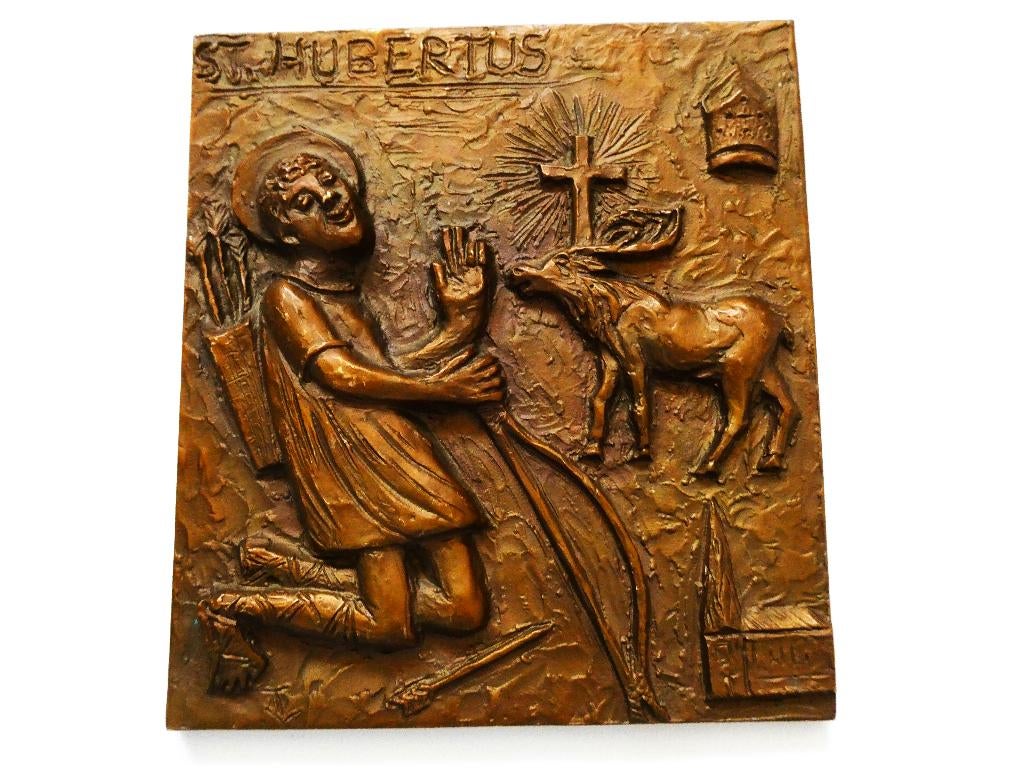 Grote bronzen plaquette van St. Hubertus met hert, Antiek en Kunst, Ophalen of Verzenden