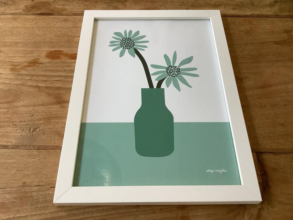 Ingelijste print met bloemen in vaas - Groen/Wit, Ophalen of Verzenden