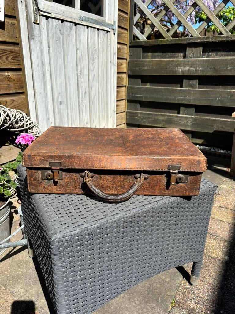 Oud brocante leren koffertje, Leer, Ophalen of Verzenden, Bruin, Gebruikt