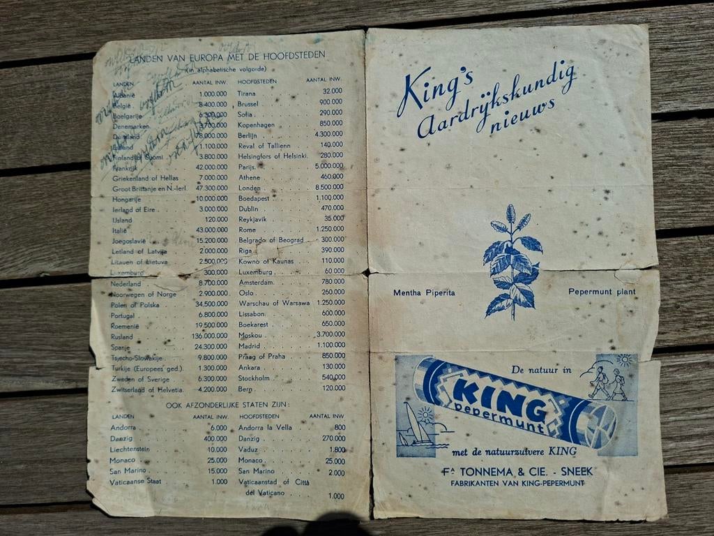 Reclame King pepermunt Tonnema & cie Sneek landkaart Europa, Verzamelen, Merken en Reclamevoorwerpen, Verzenden, Gebruikt, Reclamebord