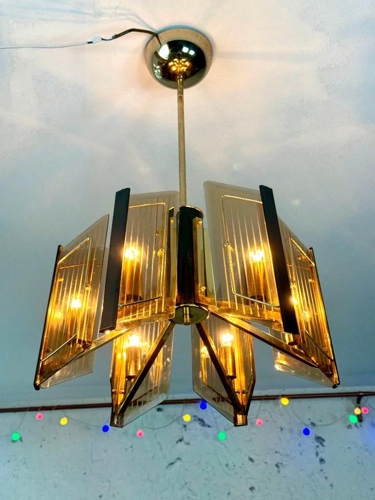 Massive vintage design messing gouden kroonluchter glas, Ophalen, Vintage design, 50 tot 75 cm, Zo goed als nieuw