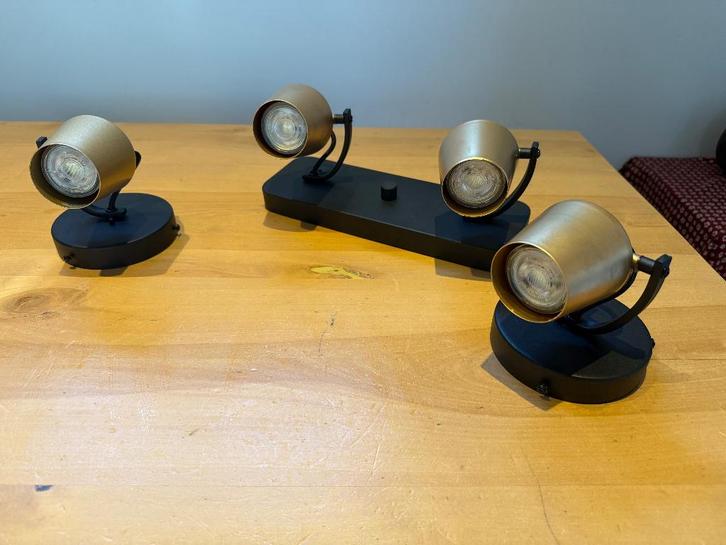Moderne koper/messing spots – set van 3: 1x dubbel,2x enkel, Huis en Inrichting, Lampen | Spots, Zo goed als nieuw, Plafondspot of Wandspot