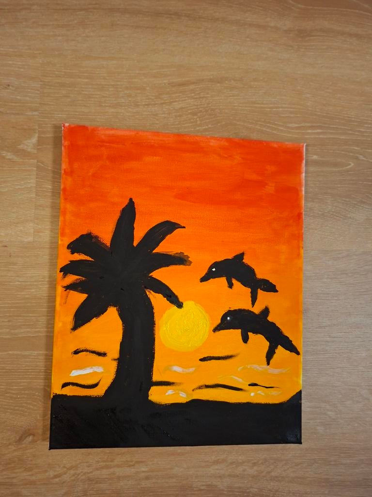 Schilderij Zonsondergang met Palmbomen en Dolfijnen, Ophalen of Verzenden