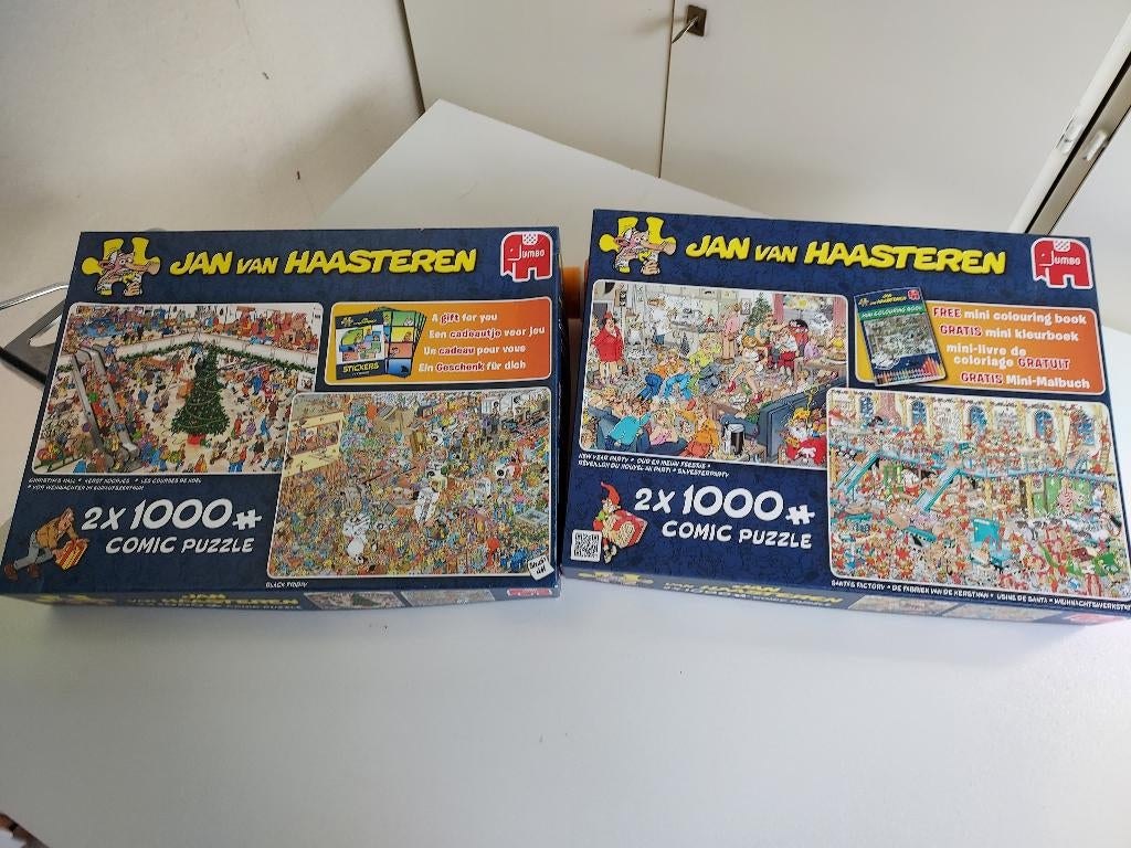 Te koop 2 dozen Jan van Haasteren puzzels met 2 in 1 doos, Ophalen, 500 t/m 1500 stukjes, Gebruikt, Legpuzzel