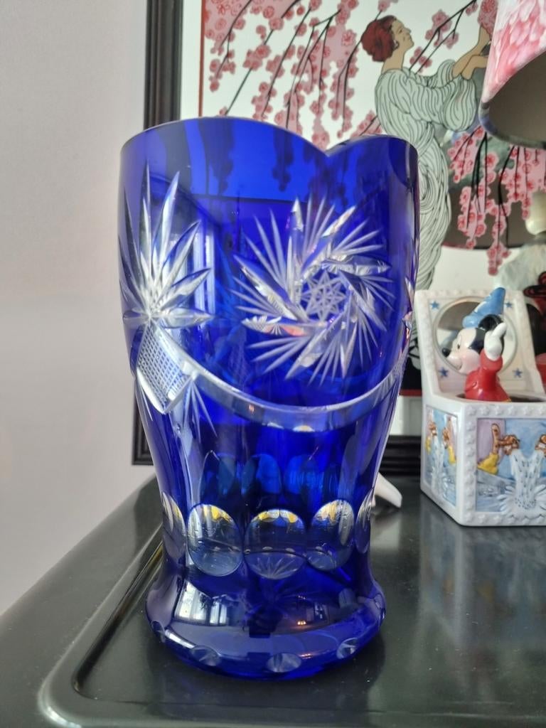 Vintage kobaltblauw kristallen vaas 11,5 x 18 cm, Antiek en Kunst, Antiek | Glas en Kristal, Ophalen of Verzenden