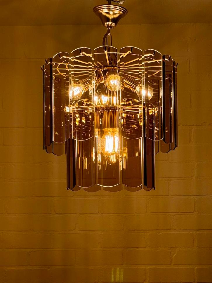 Wortmann & Filz - geslepen rookglas hanglamp/kroonluchter, Huis en Inrichting, Lampen | Kroonluchters, Gebruikt, Glas, Metaal