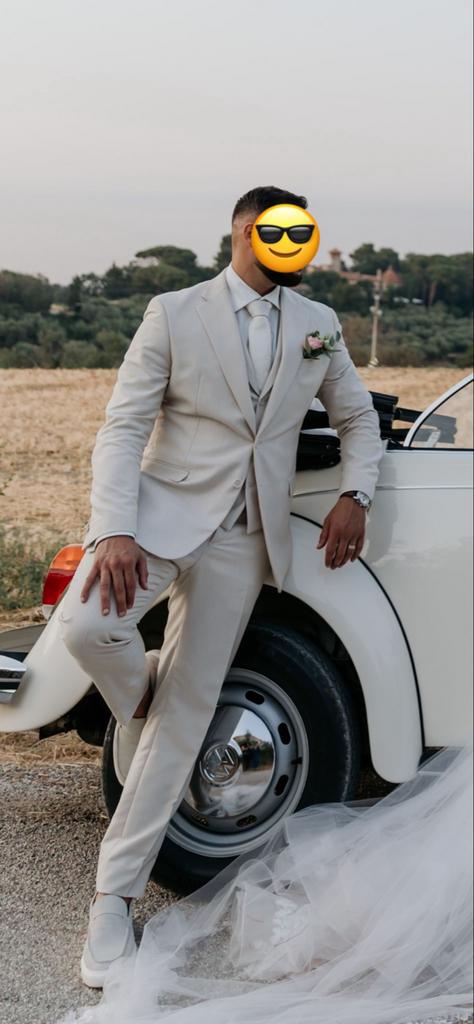 Beige 3-delig trouwpak Roka, maat 56, Ophalen of Verzenden, Zo goed als nieuw, Wit, Ivoor of Crème, Trouwpak