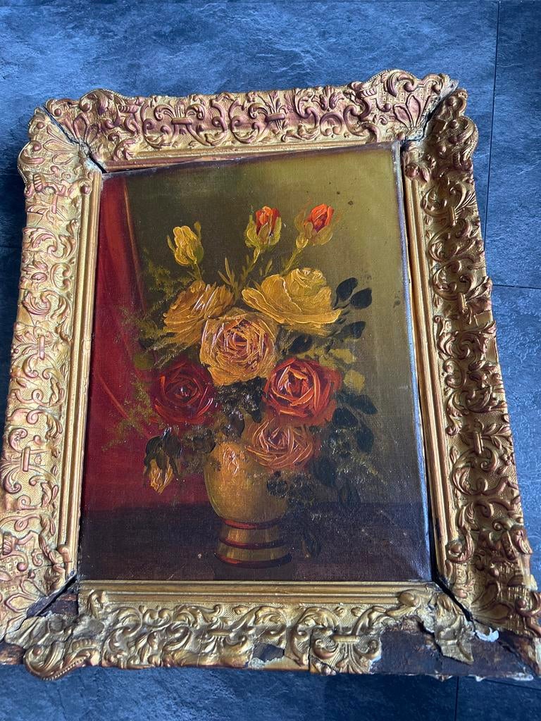Antiek olieverf schilderij met bloemen in lijst, Ophalen of Verzenden