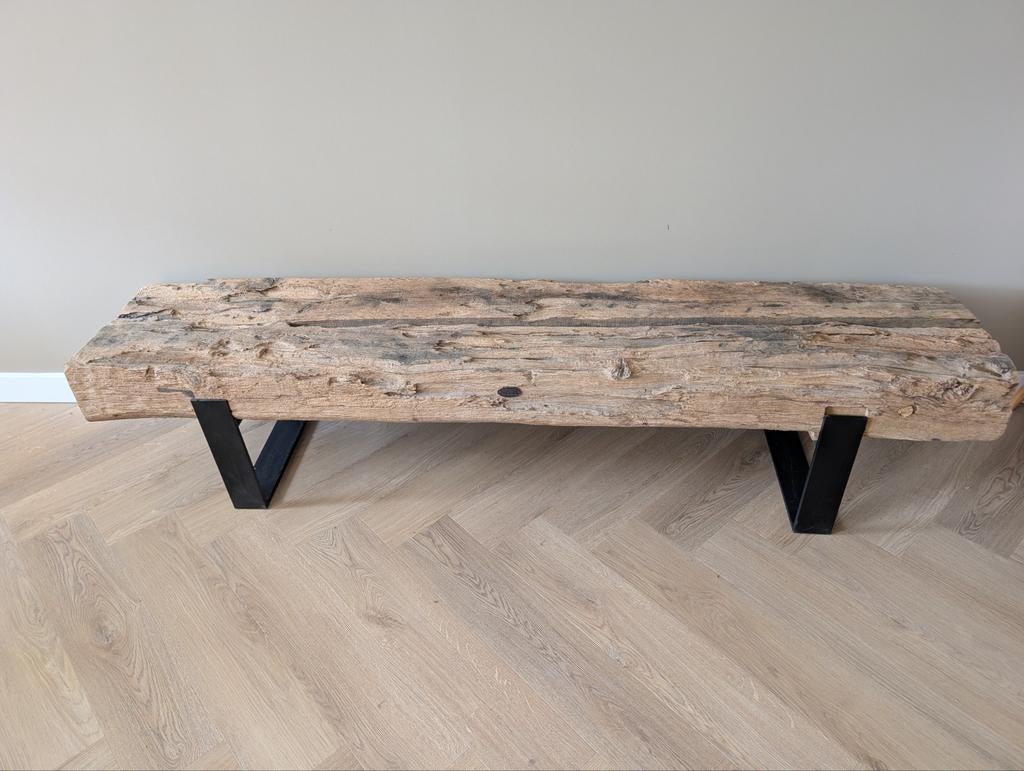 TV meubel eiken bielzen Hout van Toen 180x40x40 cm, Ophalen, Industrieel, robuust, 150 tot 200 cm, Zo goed als nieuw