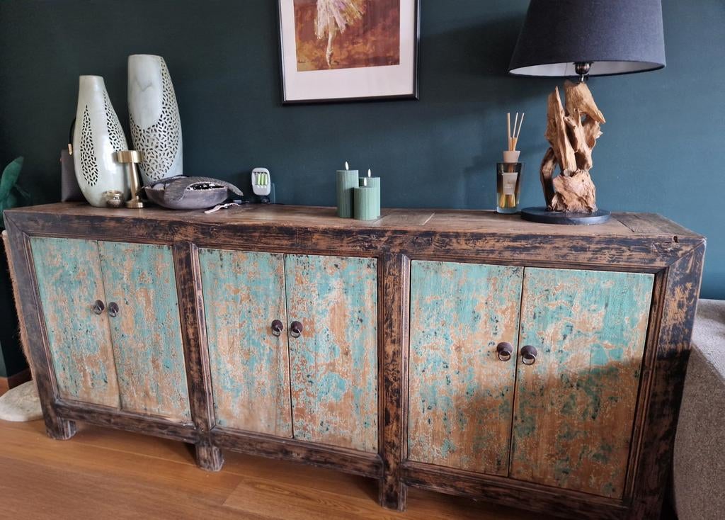 Unieke Chinees dressoir, Huis en Inrichting, Kasten | Dressoirs, Gebruikt, 200 cm of meer, 25 tot 50 cm, Met deur(en), Overige houtsoorten