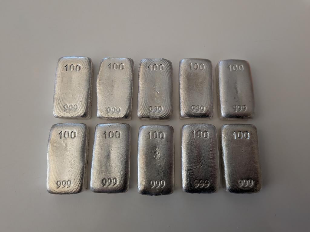 Zilver 10x 100 gram te koop 999 zilver. €2300, Postzegels en Munten, Edelmetalen en Baren, Ophalen of Verzenden, Zilver