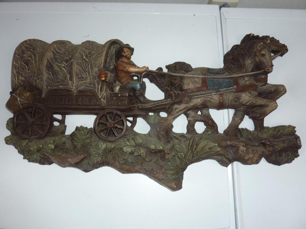 Wanddecoratie. Vintage. Paarden met huifkar., Gebruikt, 64 cm, Wandbord of Wandpaneel, Ophalen