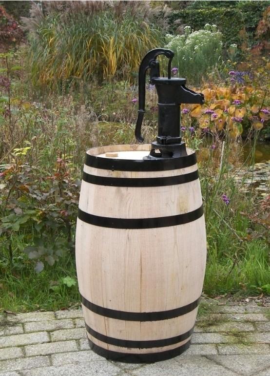 Eikenhouten regenton met of zonder nostalgische zwengelpomp!, Tuin en Terras, Regentonnen, Nieuw, Hout, 150 liter of meer, Ophalen