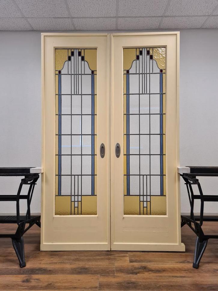 oude ensuite deuren SCHUIFDEUREN glas in lood Jaren 30 !!!, Doe-het-zelf en Verbouw, Deuren en Horren, Gebruikt, Binnendeur, 200 tot 215 cm