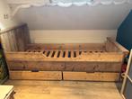 Steigerhouten bed met lades, Ophalen, 85 tot 100 cm, Gebruikt, Matras