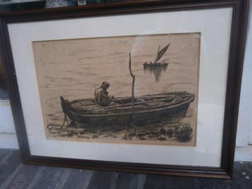 Jules GUIETTE, Mooie Bruinkl. ets met Vissers in Bootjes  beschikbaar voor biedingen