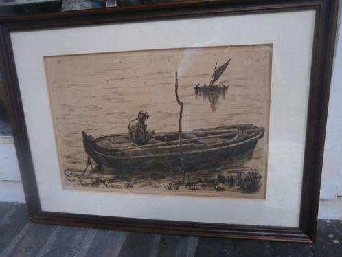 Jules GUIETTE, Mooie Bruinkl. ets met Vissers in Bootjes, Antiek en Kunst, Kunst | Etsen en Gravures, Ophalen of Verzenden
