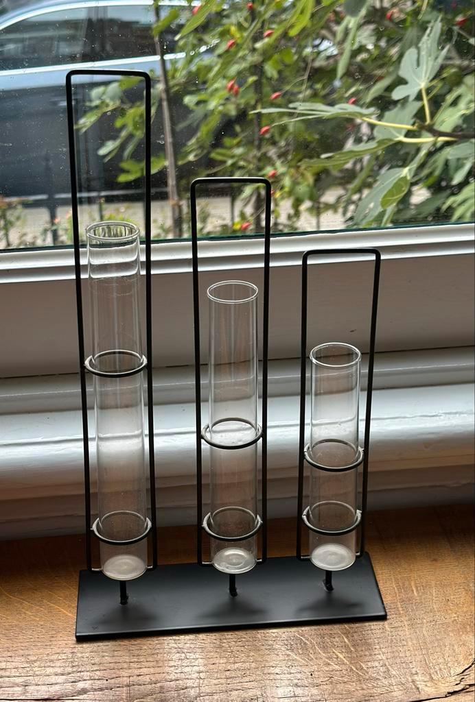 Stijlvolle Bloemenstandaard met Reageerbuisjes, Huis en Inrichting, Woonaccessoires | Vazen, Zo goed als nieuw, Zwart, 50 tot 75 cm