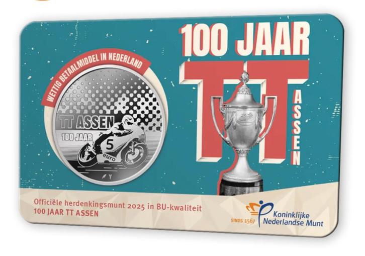 100 jaar TT Assen Vijfje 2025 BU-kwaliteit in coincard, Postzegels en Munten, Munten | Nederland, Setje, Euro's, Koningin Beatrix