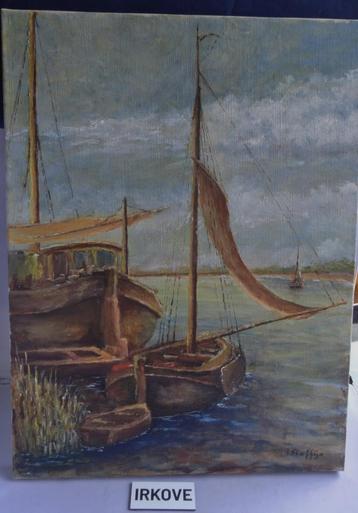 SCHEPEN OLIEVERF OP LINNEN * Geen Lijst *  beschikbaar voor biedingen