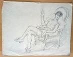 A493-35 Oude tekening Vrouw in lingerie, rokend in stoel, Antiek en Kunst, Ophalen of Verzenden